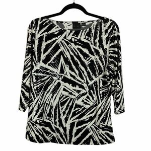 Tribal Black White Abstract Print Top 3/4 Sleeve Yellow Sequin Detail Size Large